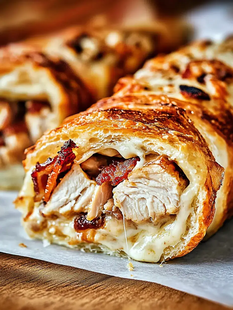 Gros plan d'un rouleau de pâte feuilletée rempli de poulet, lardons et fromage fondu.