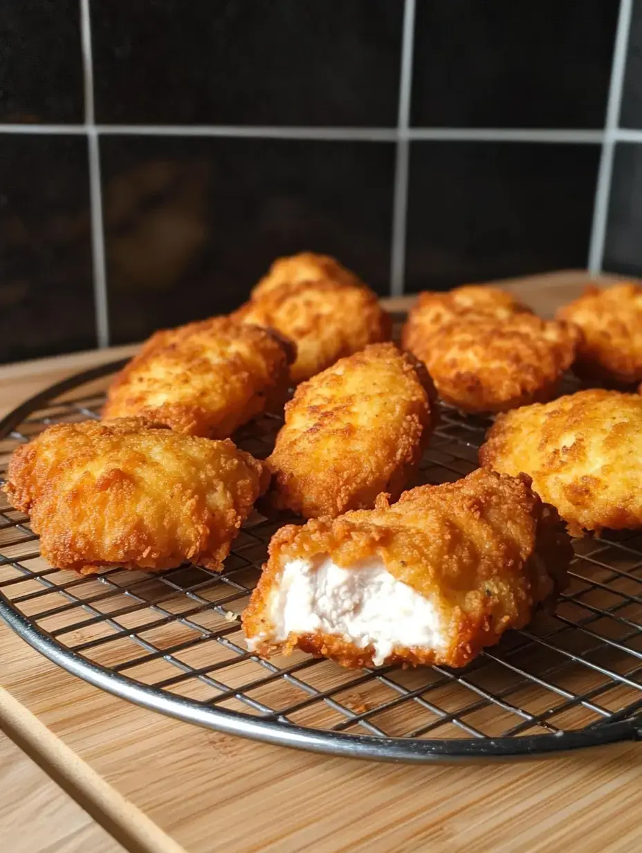 Un plateau de morceaux de poulet frits dorés est présenté sur une grille de refroidissement, avec un morceau partiellement croqué révélant son intérieur blanc.