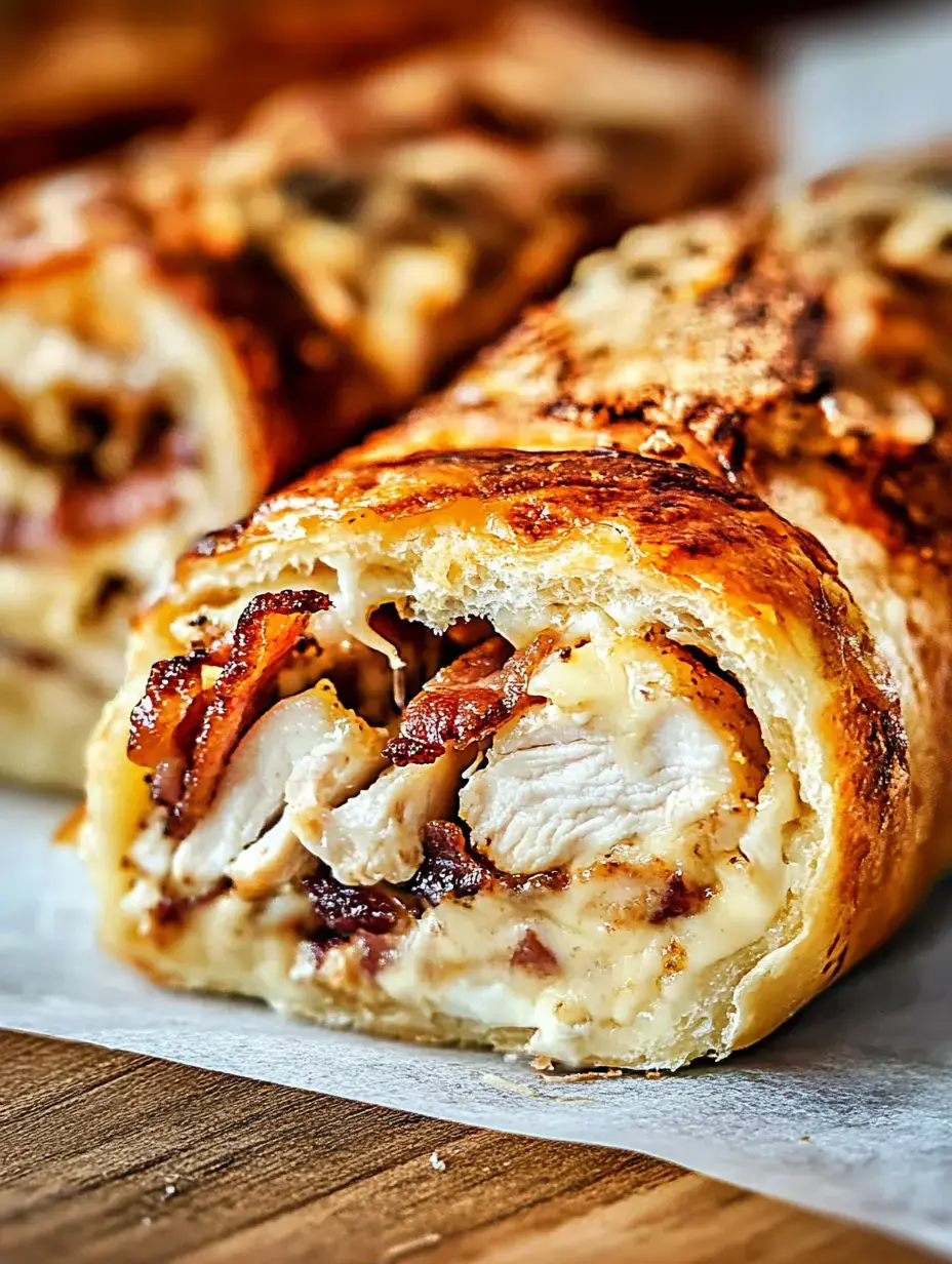 Gros plan d'une pâtisserie dorée remplie de poulet, lardons et fromage crémeux.