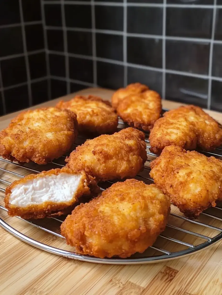 Une assiette de morceaux de poulet frits dorés, avec un morceau coupé en deux révélant son intérieur juteux, reposant sur une grille métallique.