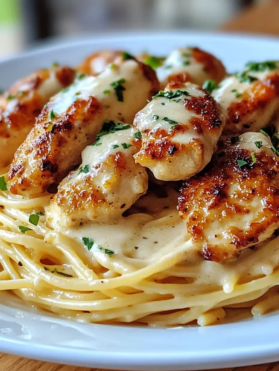 Une assiette de spaghetti garnie de morceaux de poulet dorés et sauce crémeuse, parsemée de persil.