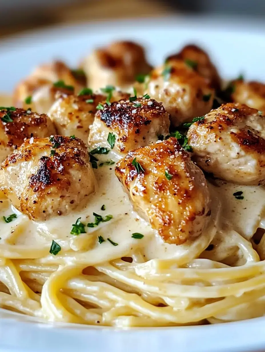 Une assiette de pâtes crémeuses surmontée de morceaux de poulet poêlés et garnie de persil.