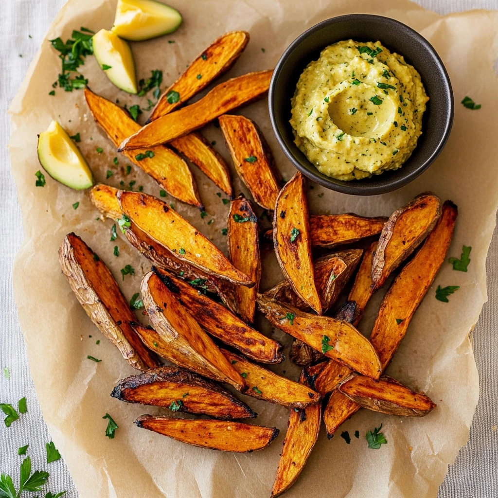Délicieuses frites de patate douce et sauce avocat maison