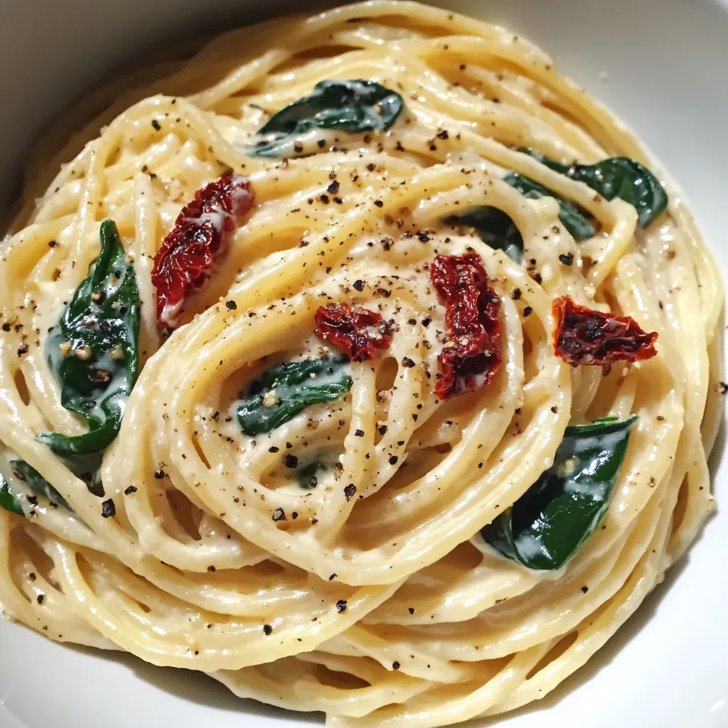 Spaghettis & Épinards avec Sauce Crémeuse aux Tomates Séchées