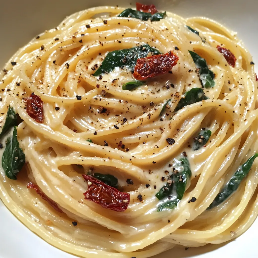 Spaghettis faciles aux épinards et sauce crémeuse aux tomates séchées