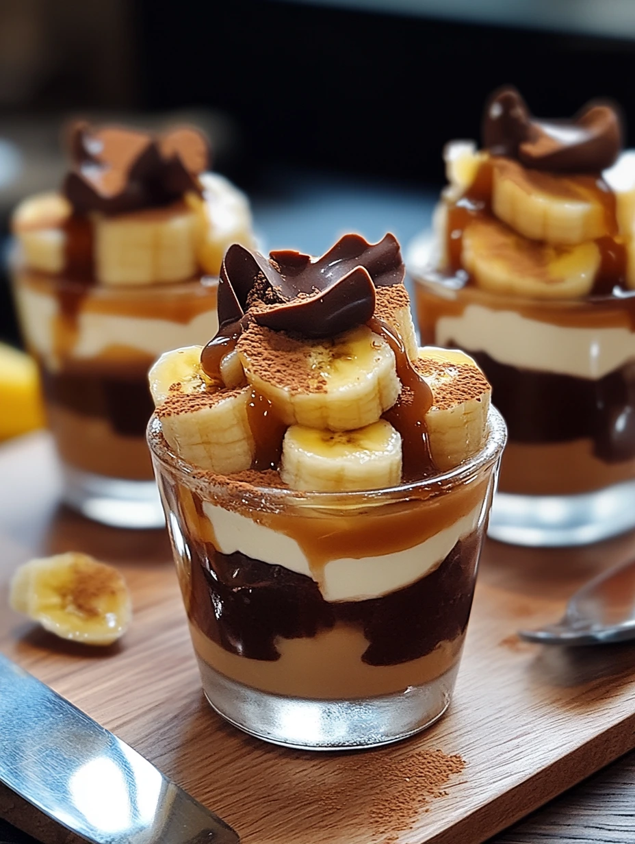 Un délicieux verre de verrines aux bananes, caramel et chocolat
