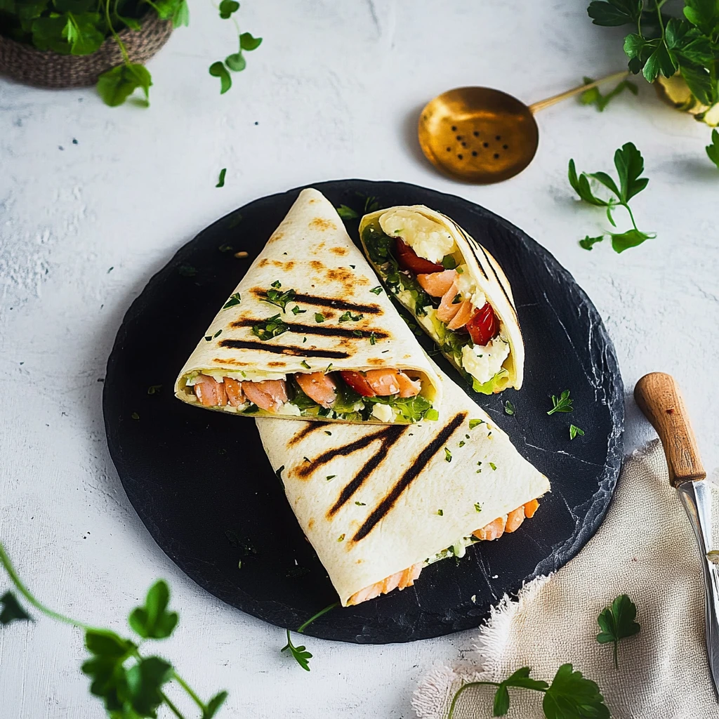 Tortilla garnie de saumon fumé et fromage de chèvre