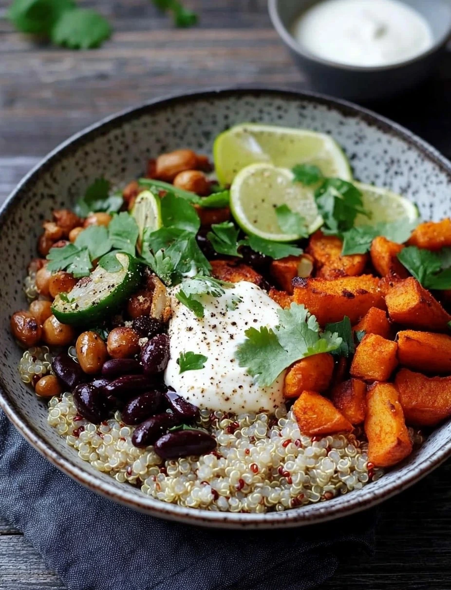 Bol de quinoa aux patates douces et haricots noirs