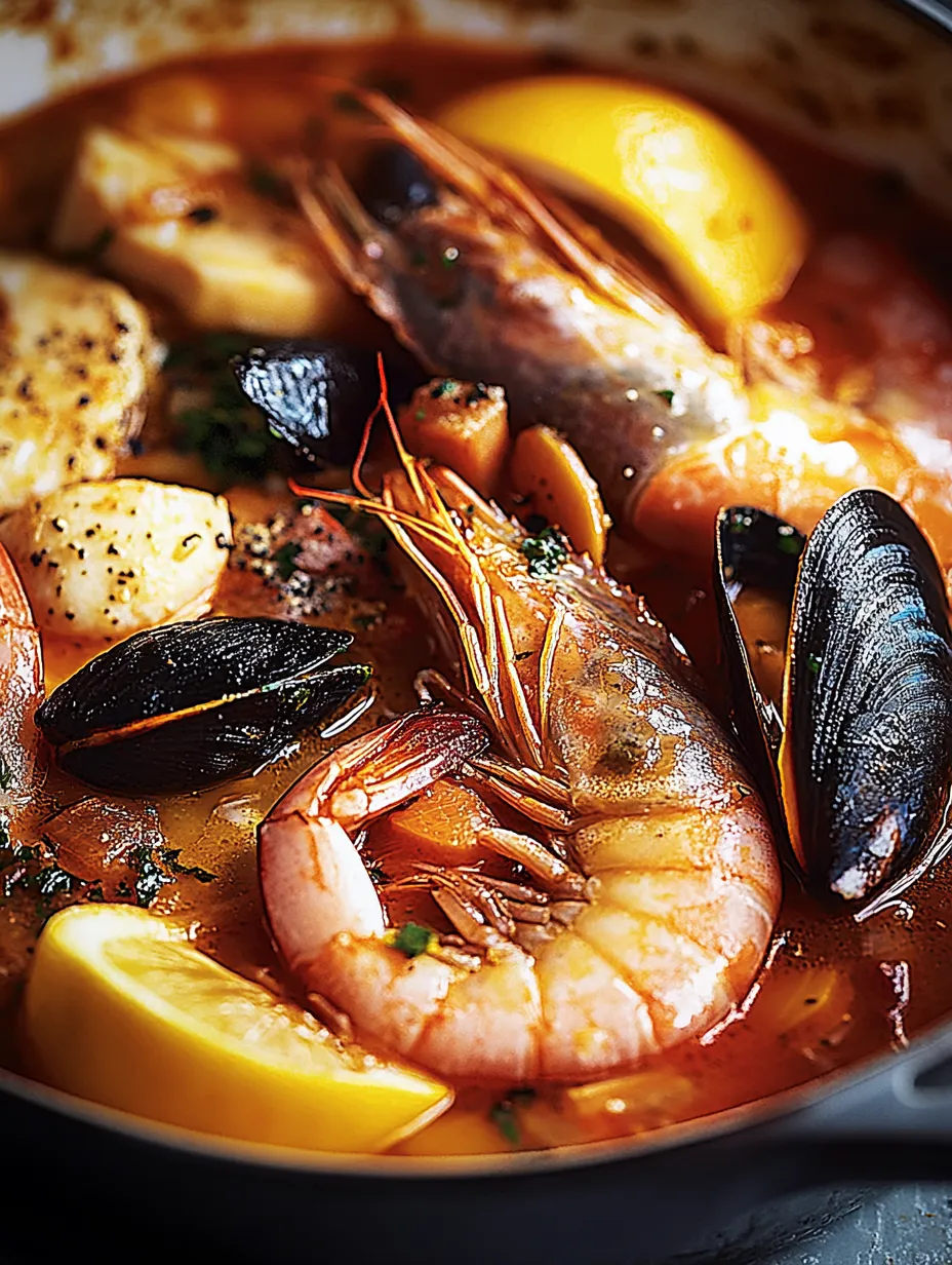 Bouillabaisse, Un plat méditerranéen riche en saveurs avec des fruits de mer frais et des aromates.