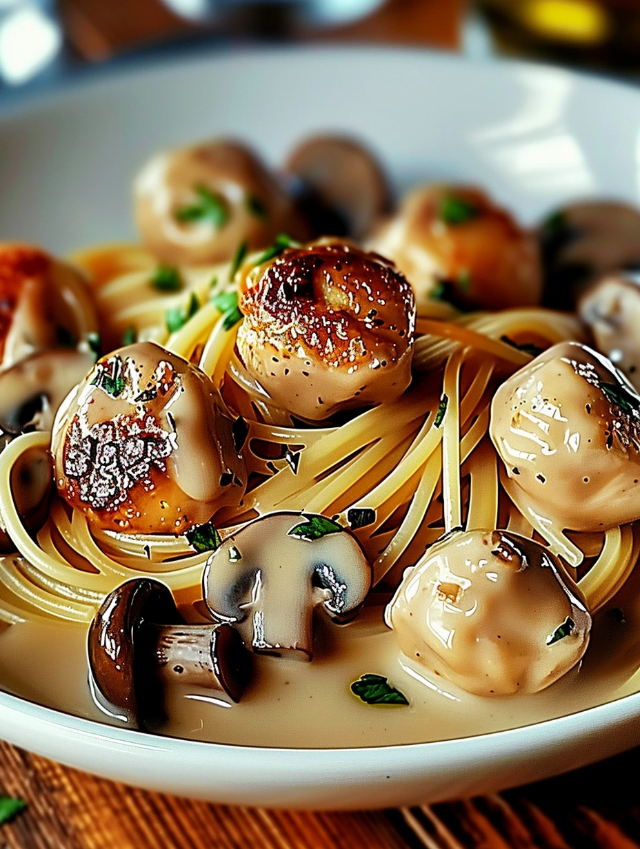 Spaghetti aux  Poulet et Sauce Crémeuse aux Champignons