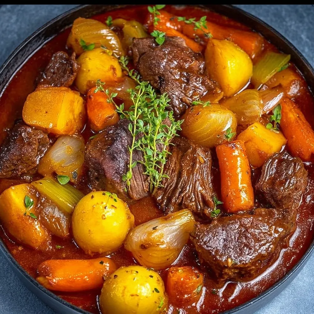 Un plat de viande et légumes, y compris des carottes, des pommes de terre et des légumes verts.