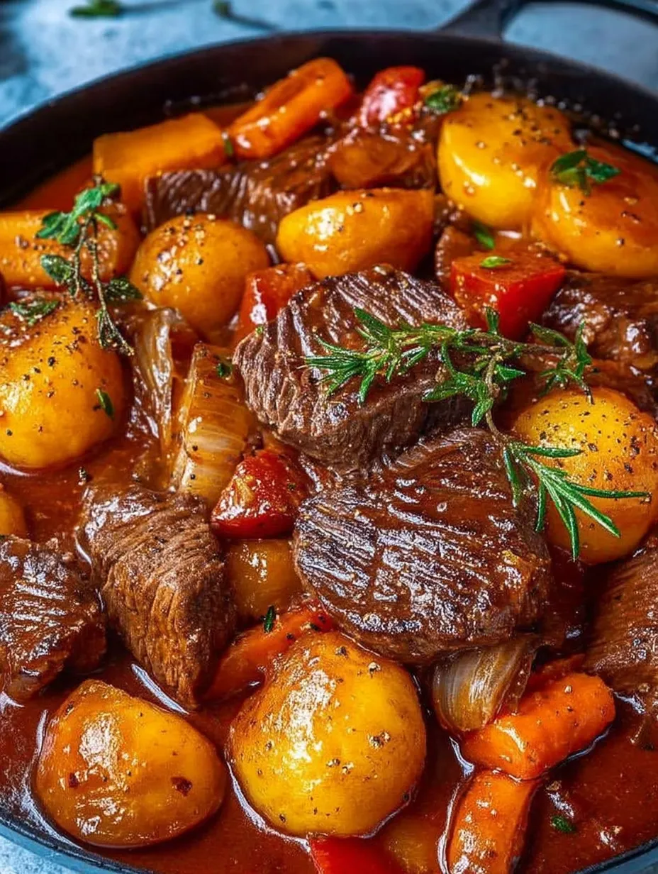 Une image de viande rouge dans un bouillon avec des légumes.