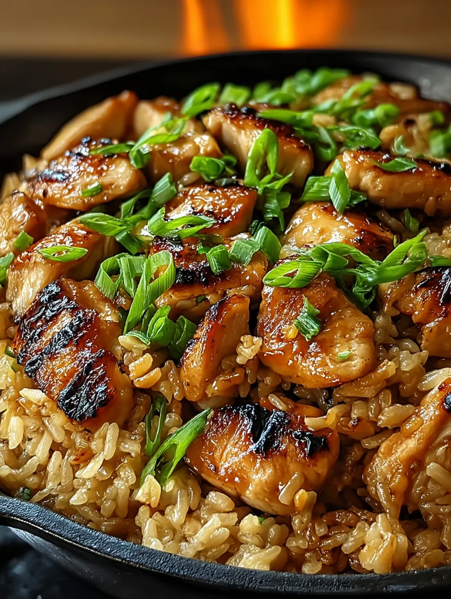 Une assiette de riz et de poulet grillé avec des herbes vertes.