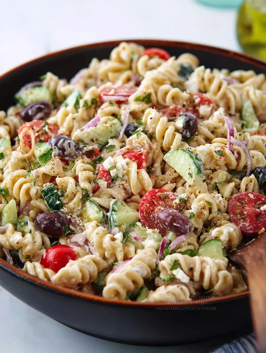 Une casserole de pasta avec des légumes et des olives.