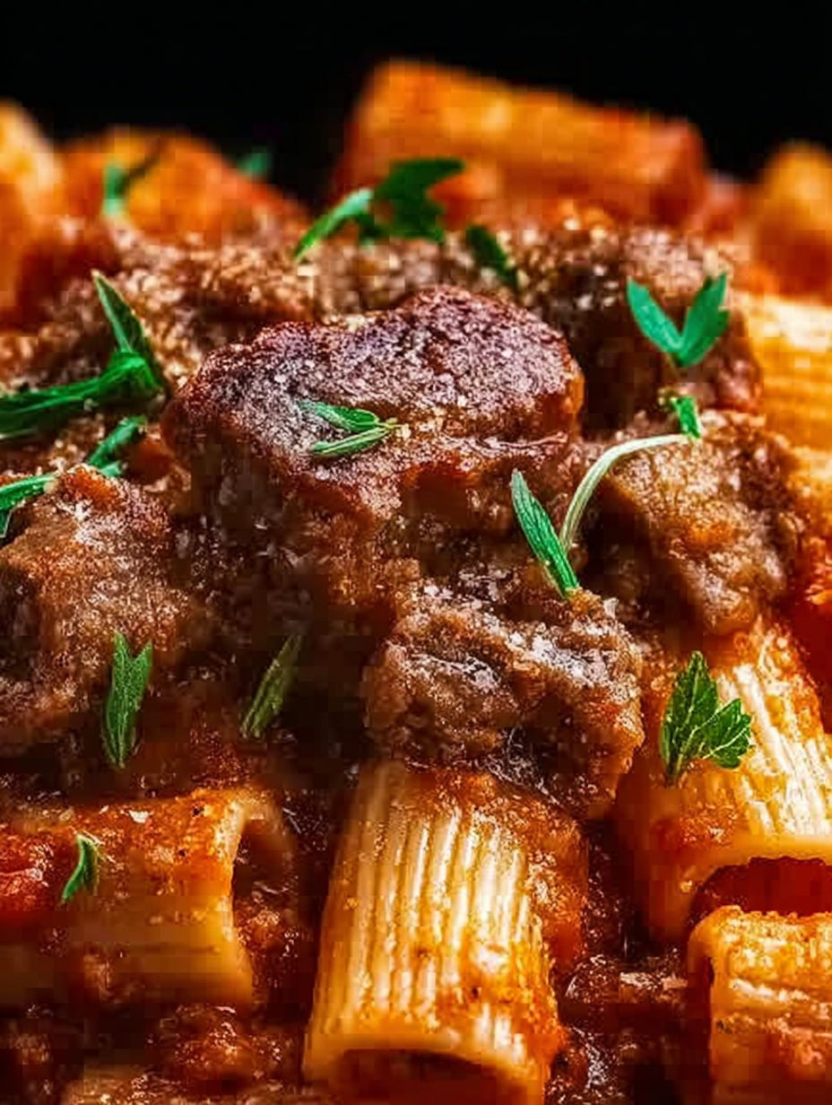 A close up of a bowl of beef and tomato pasta.