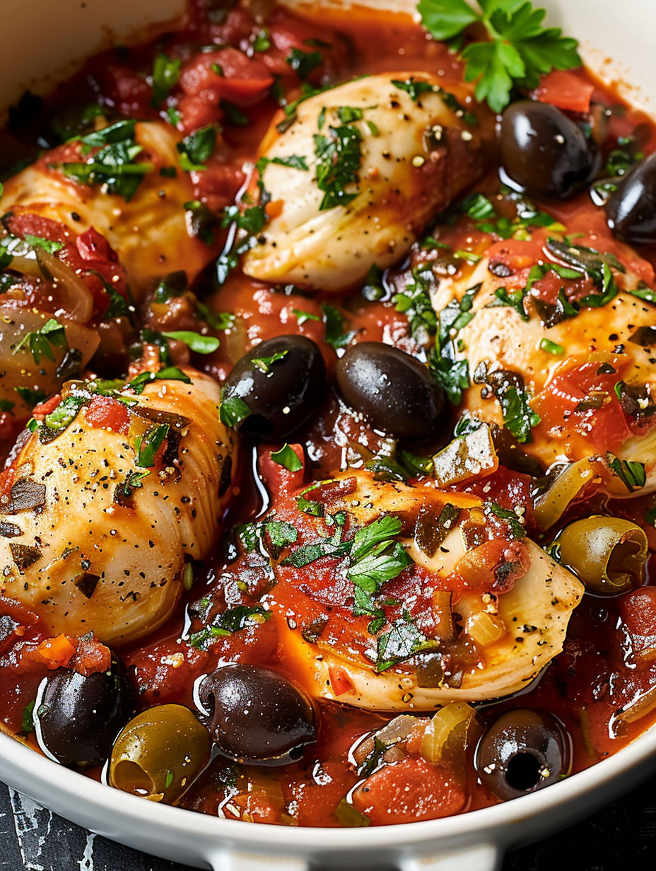 A bowl of chicken with olives and tomatoes.