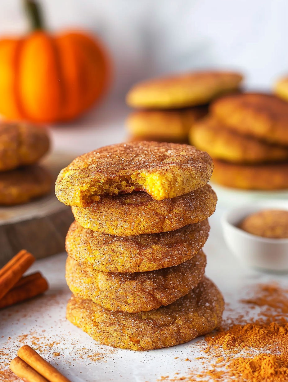 Pumpkin Snickerdoodle Cookies stacked on a table.