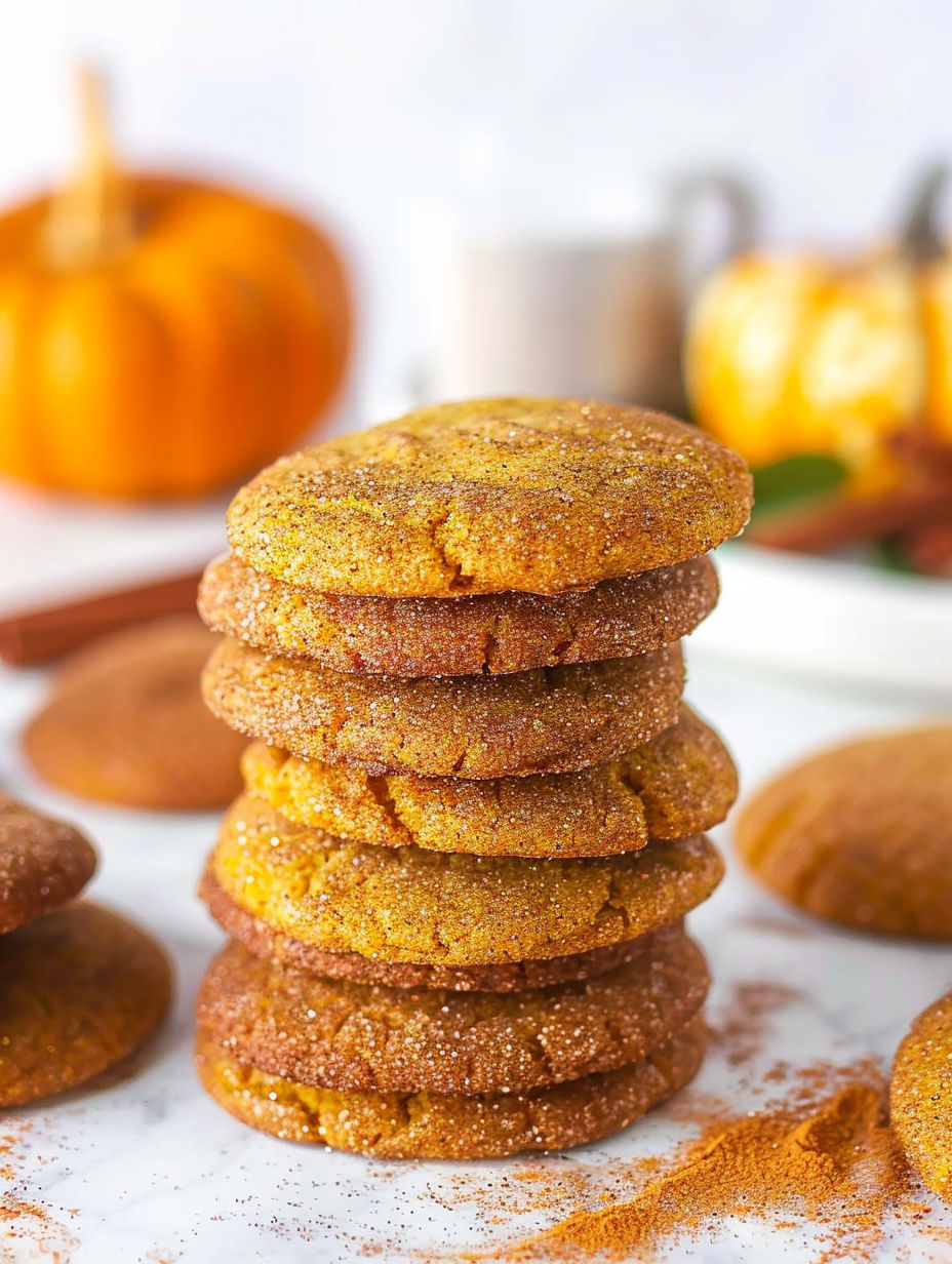 Pumpkin Snickerdoodle Cookies stacked on a table.