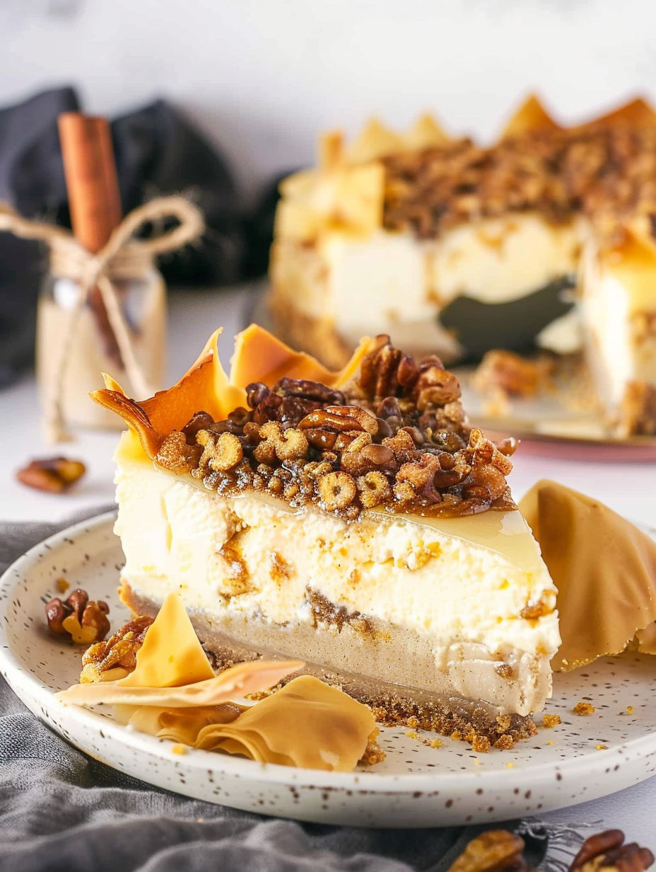 A slice of baklava cheesecake with nuts on top.