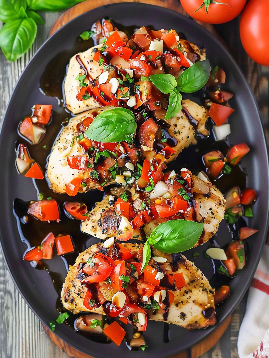 A plate of chicken with tomatoes and basil.