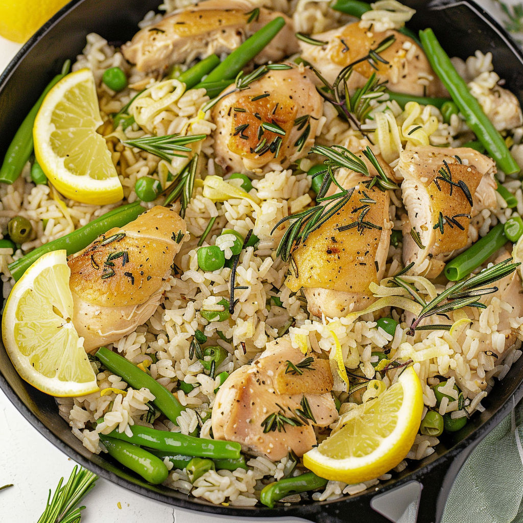 A bowl of rice with chicken and lemon.