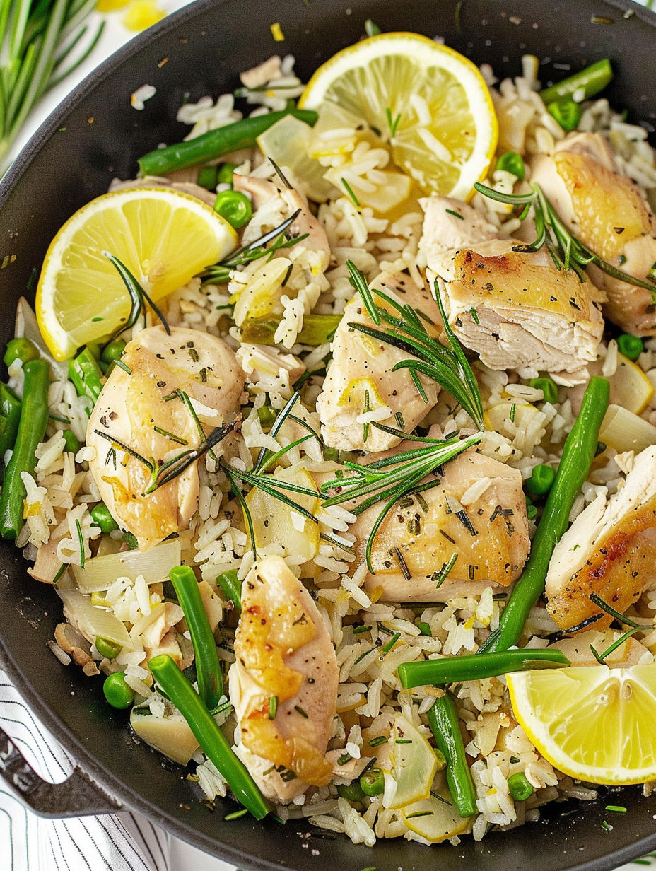 A bowl of rice and chicken with lemon and rosemary.