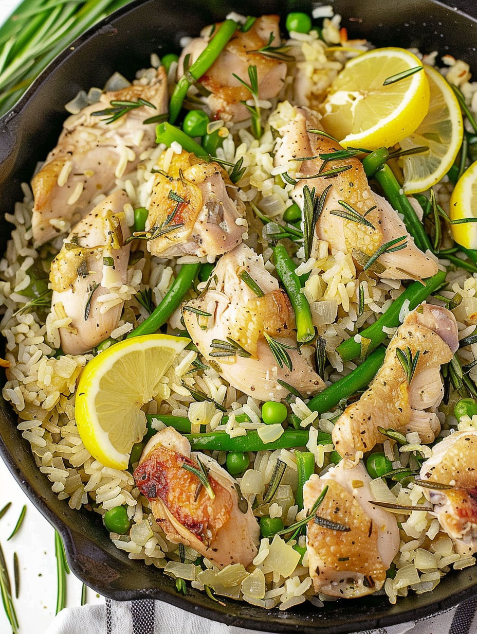 A dish of chicken and rice with lemon and rosemary.