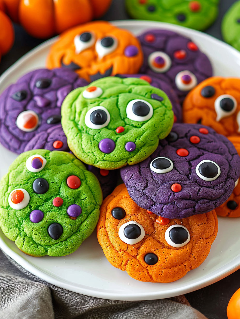 A plate of Halloween cookies with different colored frosting.