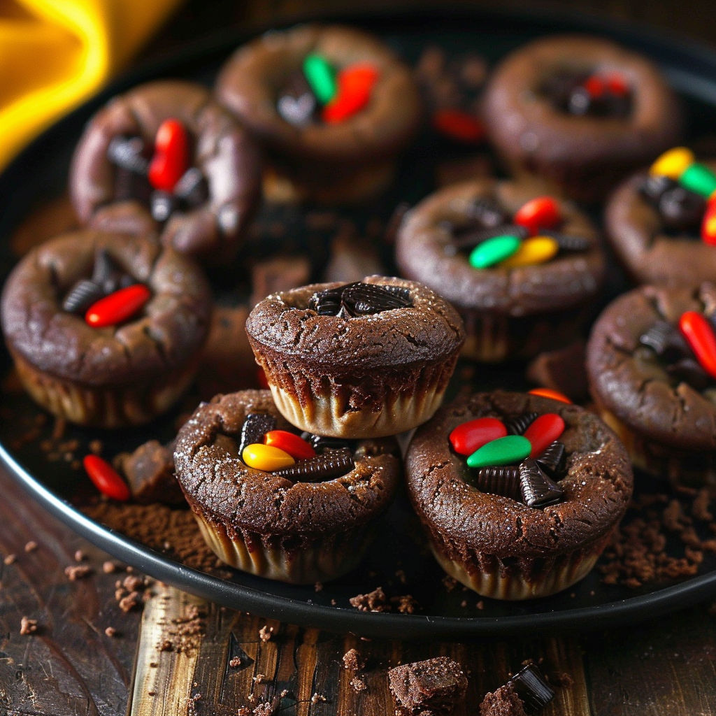 A plate of chocolate cupcakes with candy toppings.