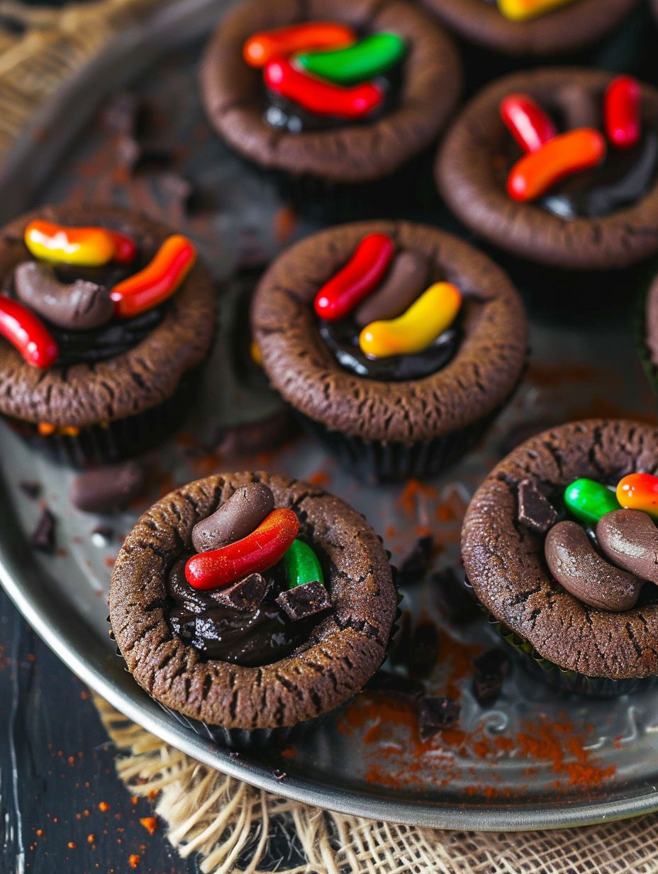 Dirt cupcakes with candy toppings.