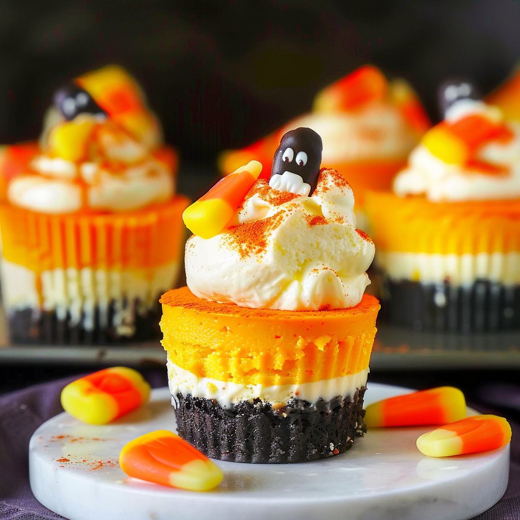 Mini candy corn cheesecakes with orange and black frosting.
