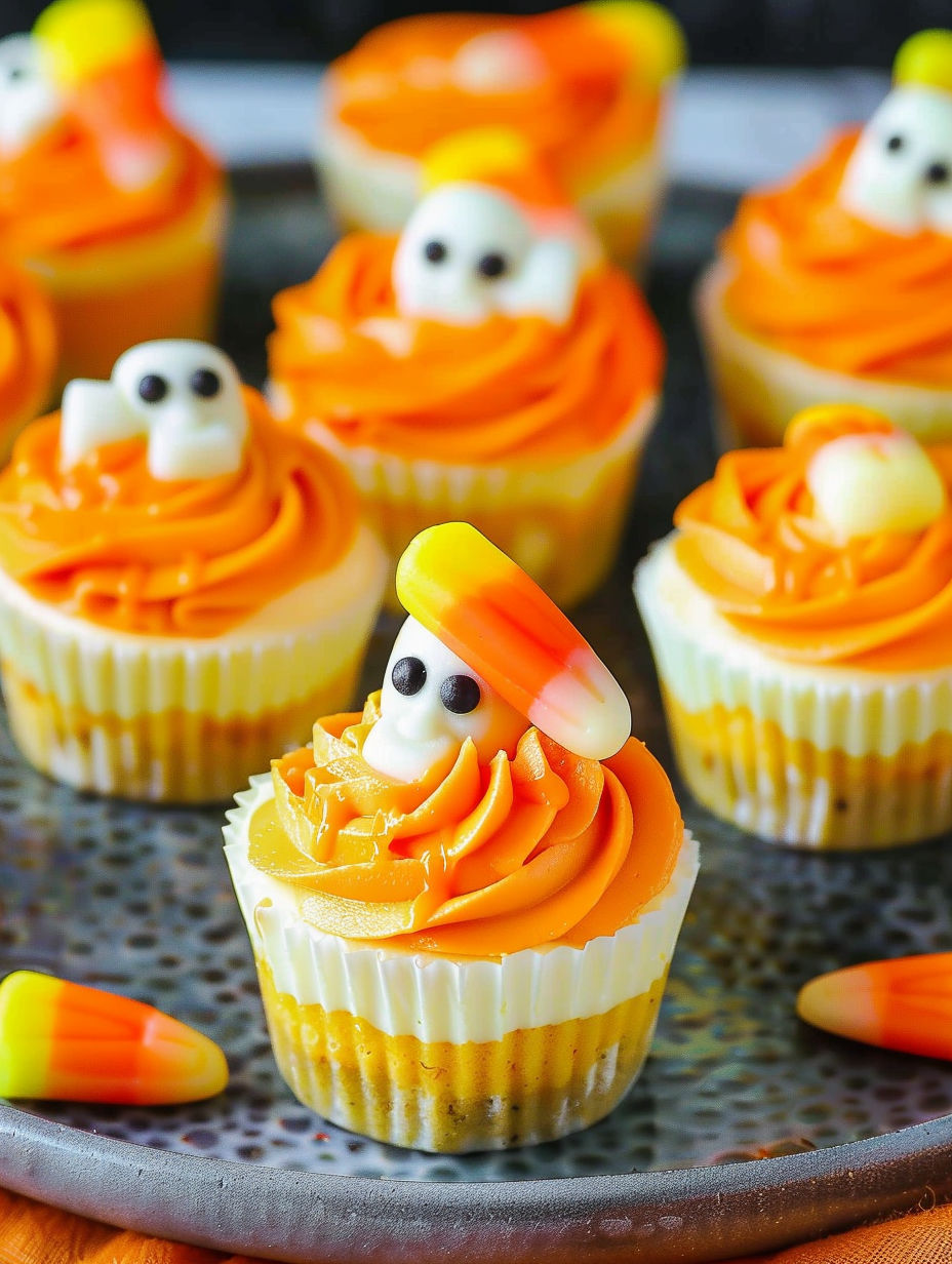Mini candy corn cheesecakes with orange frosting.