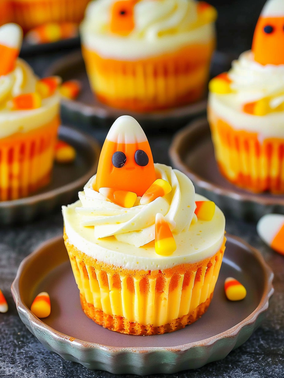 A plate of mini candy corn cheesecakes.