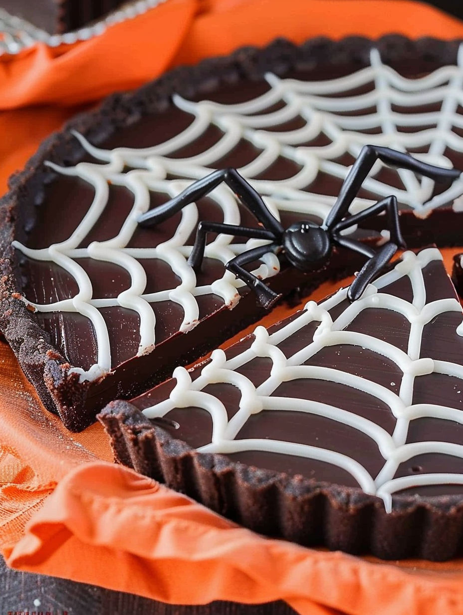 A slice of chocolate pie with a spider web design.