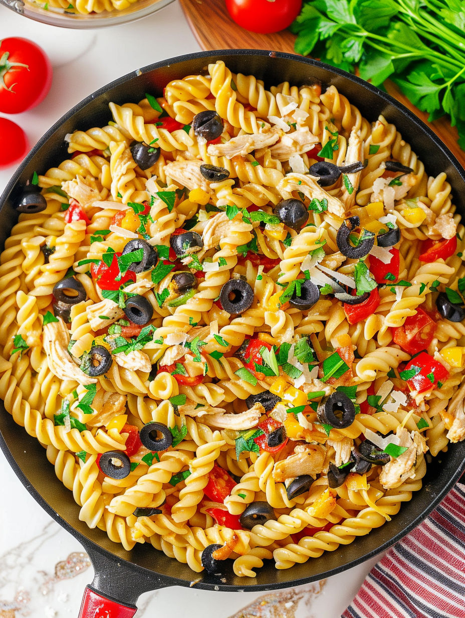 A bowl of pasta with chicken and tomatoes.