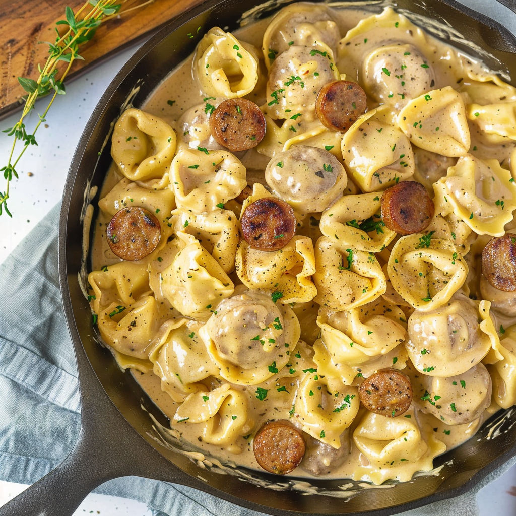 A pan of Sausage Tortellini Alfredo.