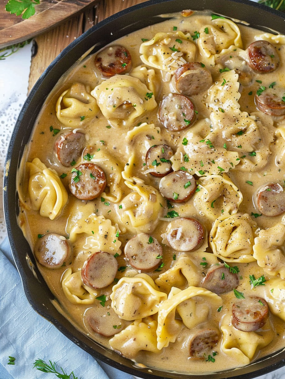 A dish of sausage tortellini alfredo.