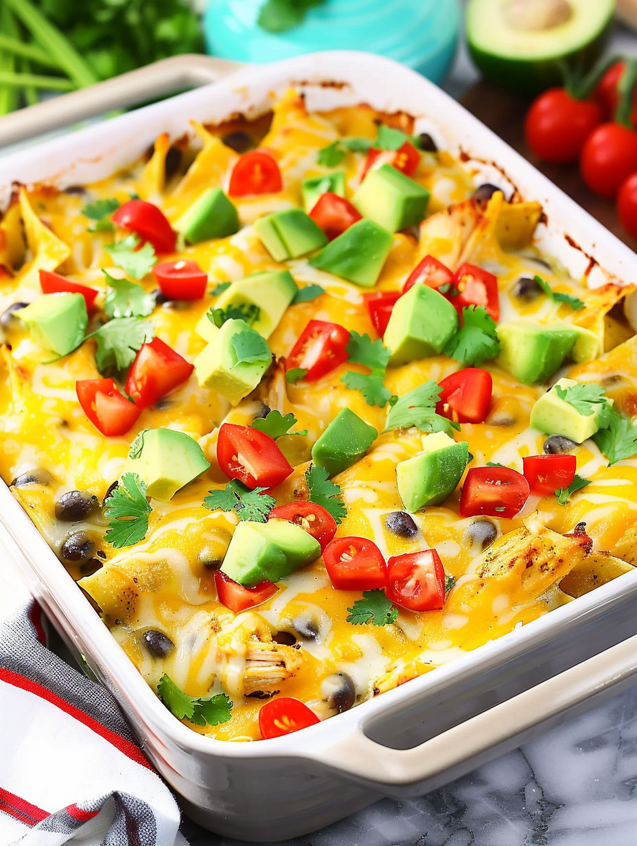 A dish of Mexican food with chicken and avocado.