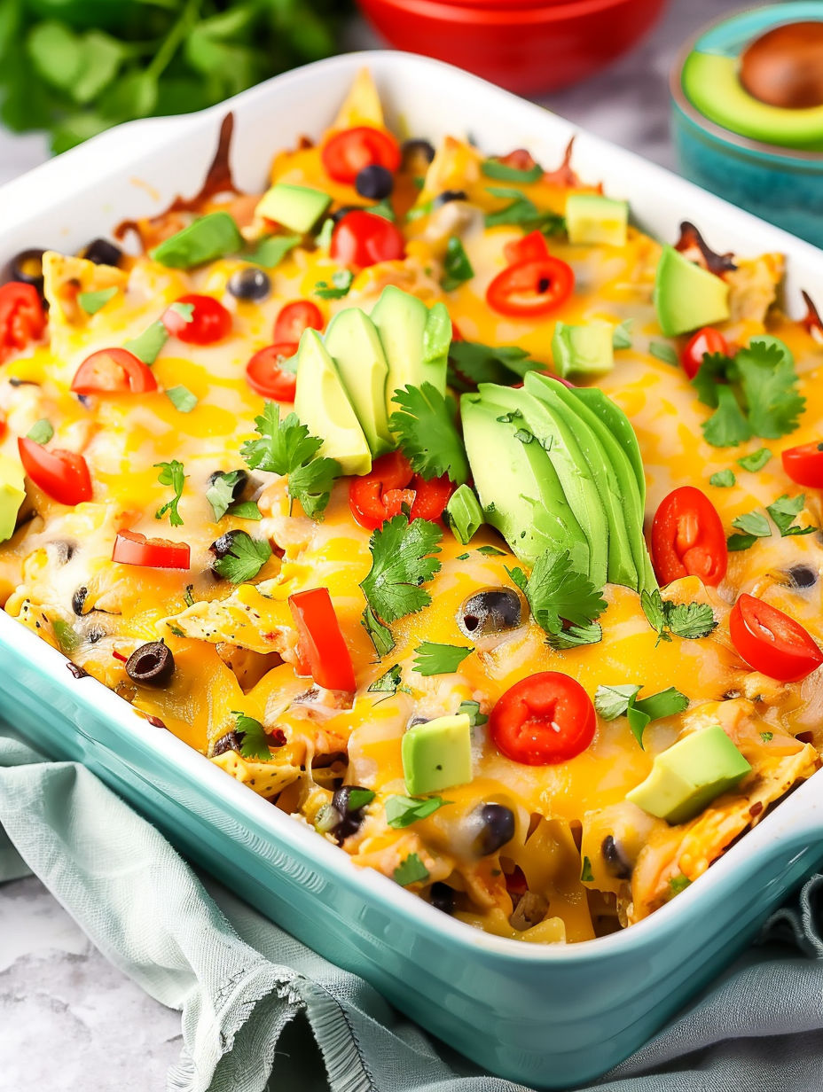 A dish of Mexican food with chicken, avocado, and peppers.