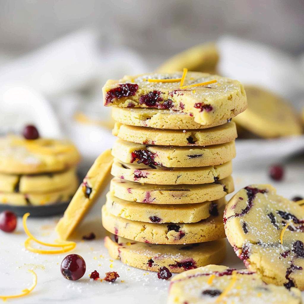 A stack of cranberry orange shortbread cookies.