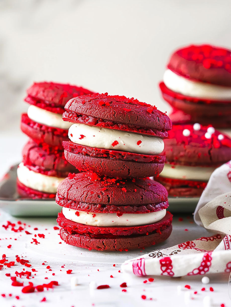 Red velvet cookies stacked on a plate.