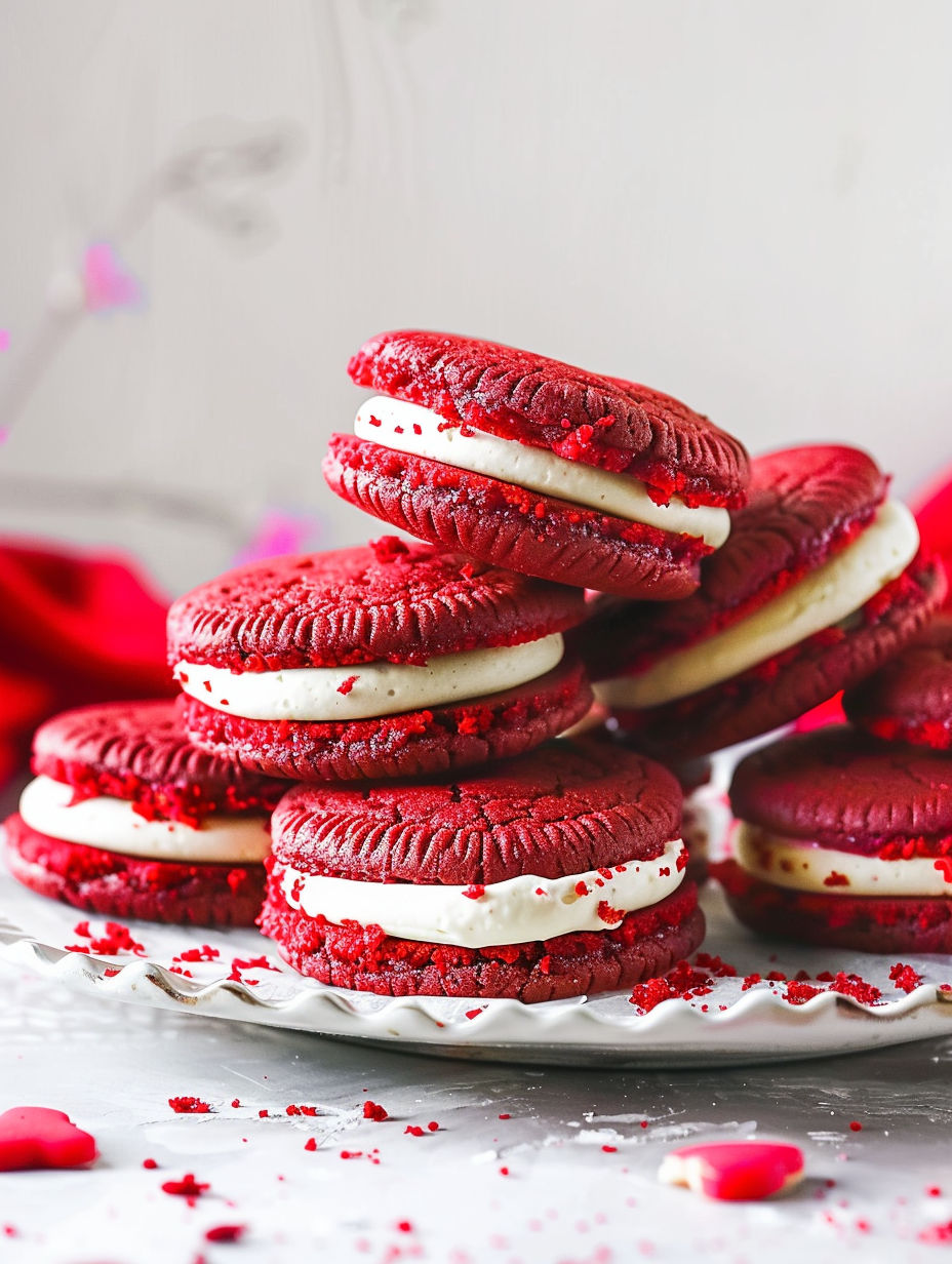 Red velvet cookies stacked on a plate.