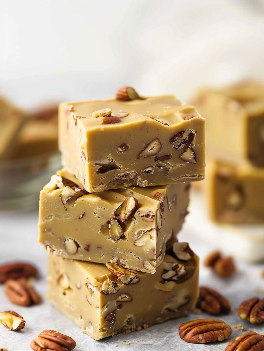 Three pieces of pecan praline fudge.