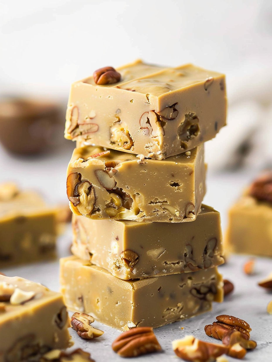 Three pieces of pecan praline fudge stacked on top of each other.