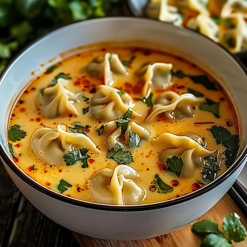 A bowl of soup with ravioli in it.