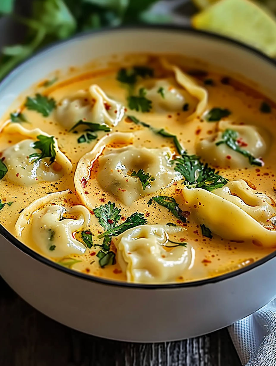 A bowl of soup with ravioli in it.