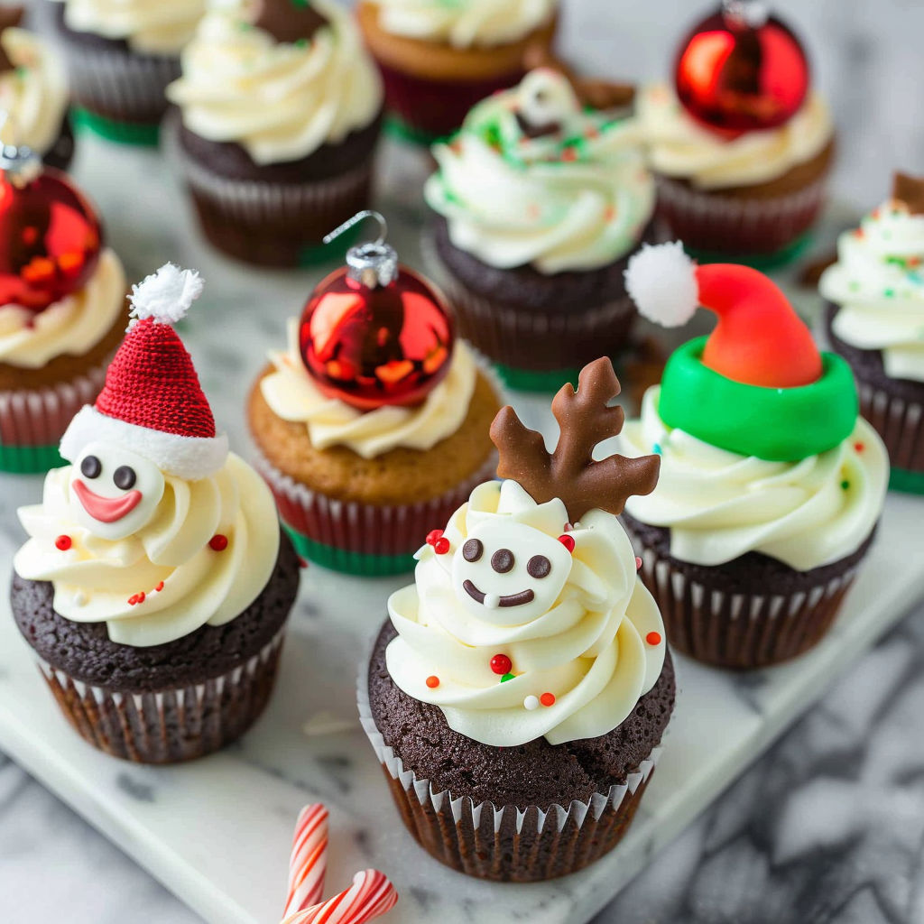 A plate of cupcakes with Christmas decorations.