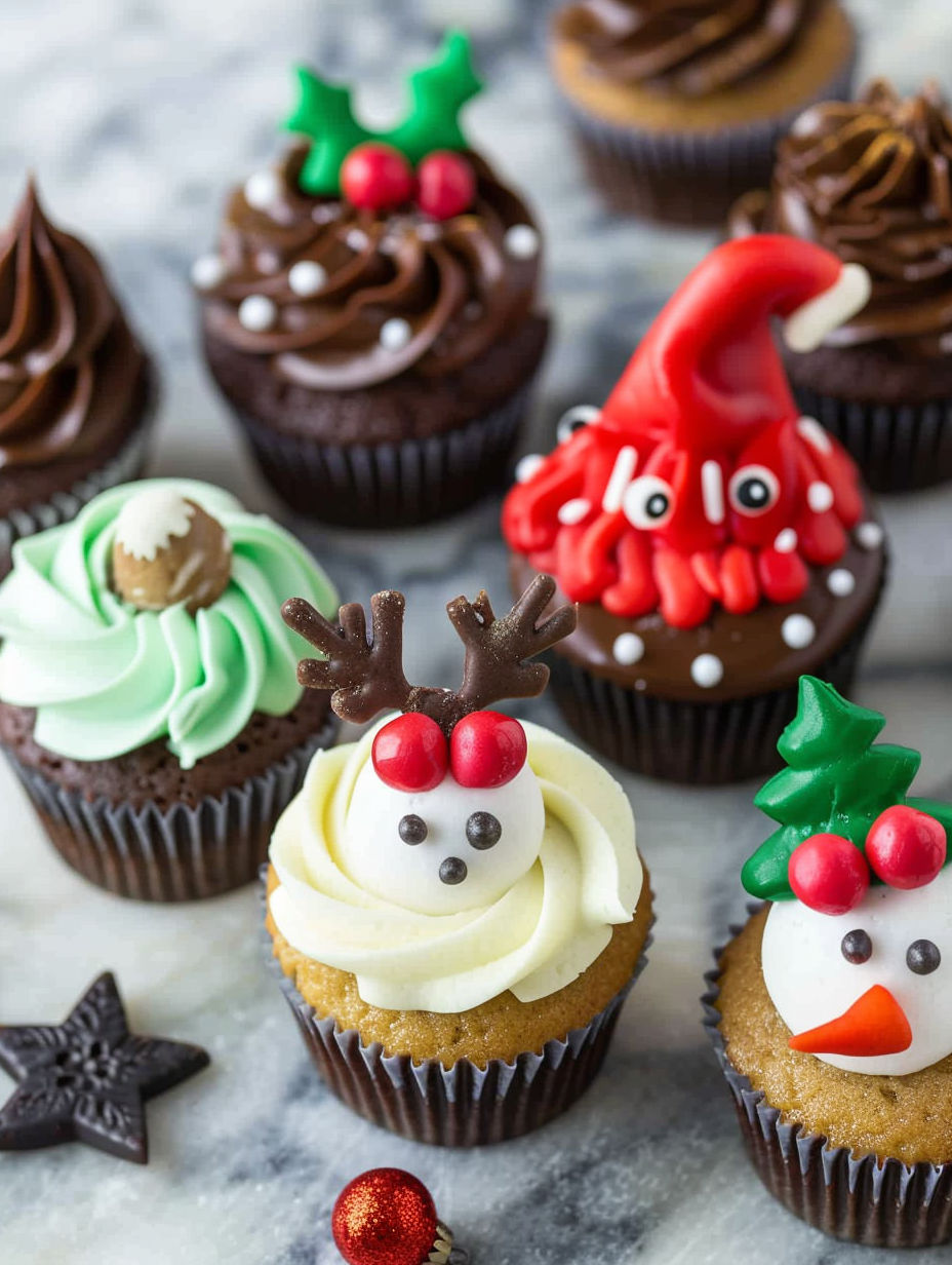 A variety of Christmas cupcakes with different decorations.