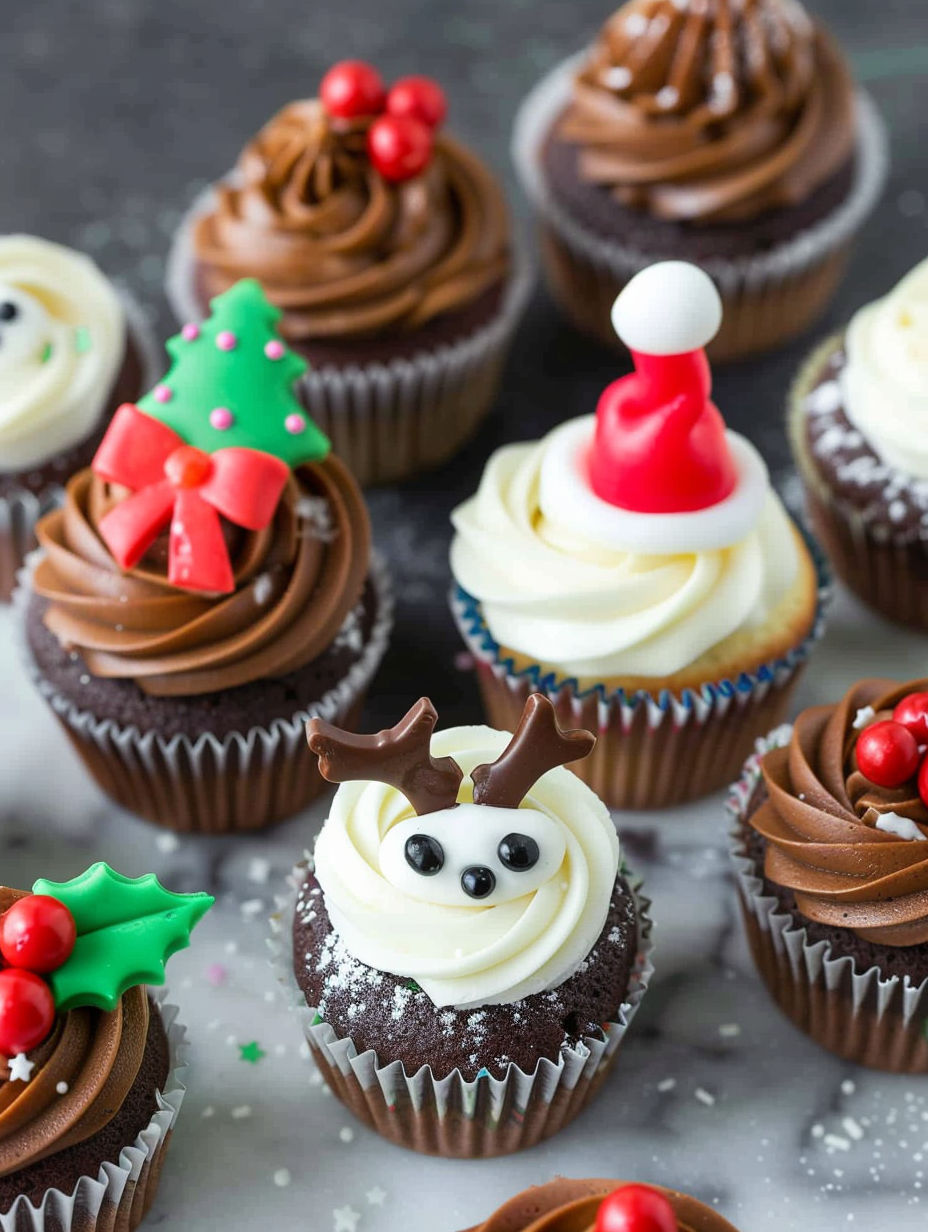 A variety of Christmas cupcakes with different toppings.