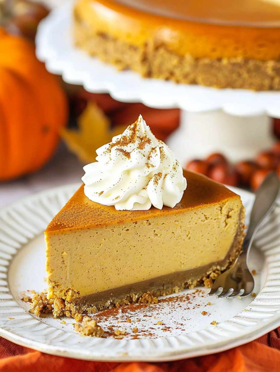 A slice of pumpkin cheesecake with whipped cream on top.